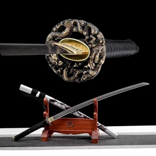 Samurai Schwert【Die Schönheit Kalter Waffen】103cm Handgefertigtes Katana mit Handschutz aus reinem Kupfer,Klinge aus T10-Stahl mit handgebranntem Blitzmuster,Naturholz Scheide mit Gemalte Muster