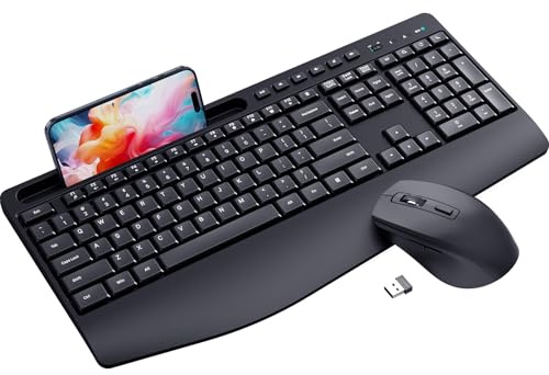 Ergonomic Wireless Keyboard and Mouse Combo,LIZRROT 2.4GHz Silent Full-Size Mouse and Keyboard,Wrist Rest,Phone Holder,Compatible with Windows, PCs, Laptops