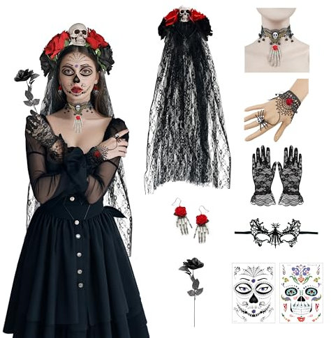Cdithy Halloween Tag der Toten Haarreif Schleier Gothic Schmuck, 8 in 1 Halloween Dia De Los Muertos Kostüm Accessoires mit Skelett Haarschmuck Tattoo Gesicht Ohrringe Handschuhe Kette für Damen