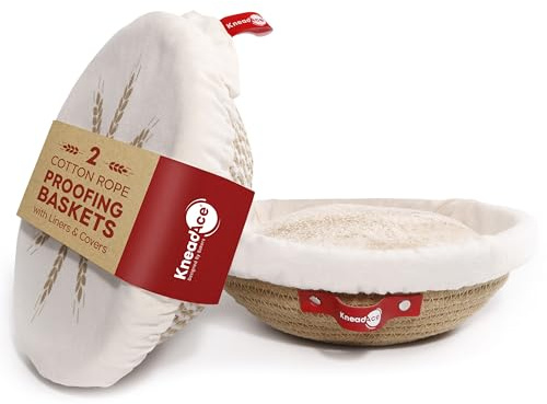 KneadAce Cotton Rope Banneton Bread Proofing Basket Set, 2 Round Baking Baskets with Liners & Covers for Artisan & Sourdough Bread