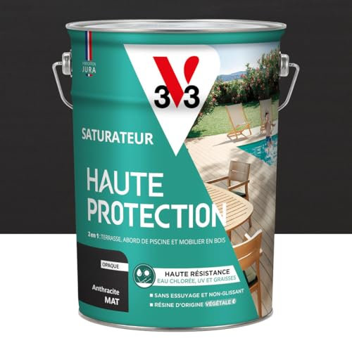 V33 Saturateur bois extérieur Anthracite mat - Pour terrasses et mobilier de jardin - Haute résistance eau chlorée, UV et graisse - Sans essuyage et non glissant - Résine d'origine végétale - 5L