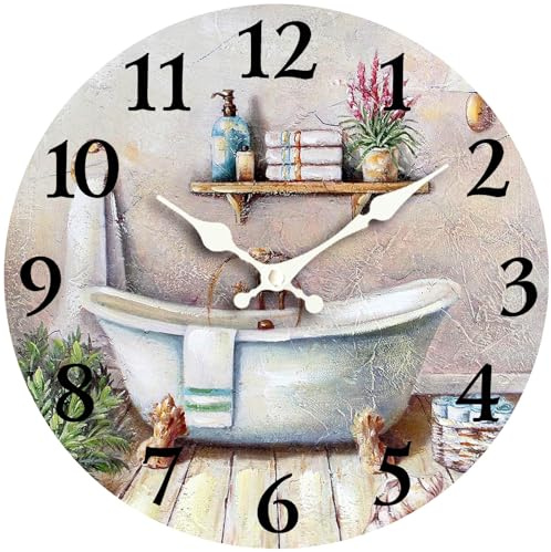 EZXZZ Vintage Bathtub 8 Inch Small Wooden Wall Clock - Silent Non-Ticking Battery Operated Decorative Clock for Kitchen, Home, Bedroom, and Office