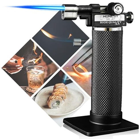 HONEST Kitchen Blow Torch Butane Torch Lighter Big Jet Flame Refillable Portable Butane Torch Adjustable Mini Blow Torch for Camping Baking Culinary Soldering Cooking Welding BBQ (Metal Tank)