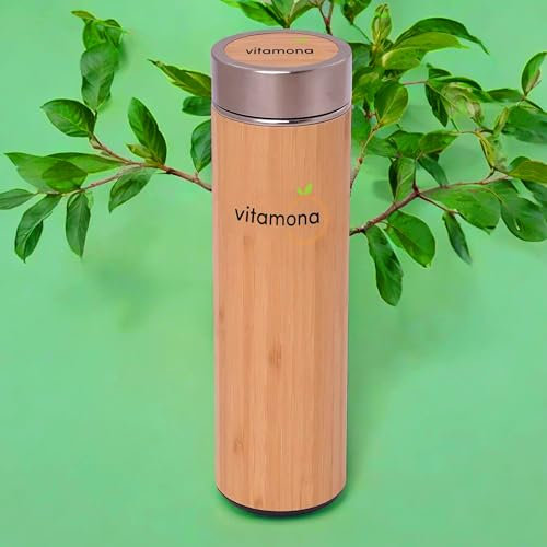 VITAMONA Bambus Trinkflasche 500ml mit Deckel & Teesieb, Edelstahl Thermoskanne Thermoflasche Teeflasche Isoliert Edelstahlflasche Trinkfalsche Flasche Thermosbecher Isolierflasche Thermobecher