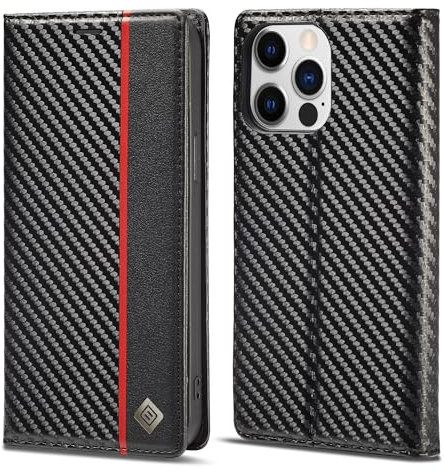 Smartphone Flip Case Ultra-Thin Case Compatible with iPhone 13 Pro Max,Luxury Carbon Fiber Texture PU Leather+TPU Hybrid Case,Full Protection Shockproof Flip Cover [Fingerprint Prevention][Camera＆Scre