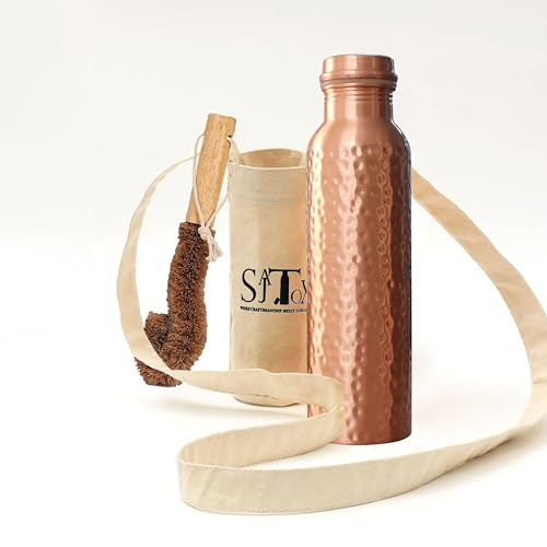 SAJTOX Grande bouteille d'eau de voyage en cuivre transparent martelé de 946 ml - Bouteille d'eau de voyage pour eau potable et avantages pour la santé ayurvédique avec sac en toile et brosse de