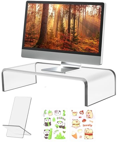 BBWELL Soporte para Monitor Acrílico,Soporte de Monitor Transparencia,Elevador Monitor con Soporte para Teléfono Móvil,Soporte de Escritorio para Ordenador Portátil,Pantallas,Ordenador(41.5X20X10cm)