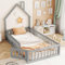 Kinderbett Bodenbett 90x200 mit Rausfallschutz&Lattenrost, Montessori Bett Hausbett mit Schornsteinform&Dach&Tür, Einzelbett Gitterbett Holzbett Bettgestell Spielbett, Kiefernholz, Ohne Matratze, Grau