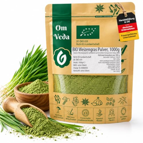 BIO Weizengraspulver 1000g | Weizengras Pulver Gemahlen aus jungen Gräsern | ohne Zusätze, Rohkostqualität | Ideal für Smoothies, Desserts, Granola