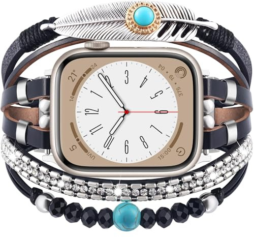 V.R.HOPE Boho style Damen Armband kompatibel mit Apple Watch Armband 40mm 41mm 42mm 38mm, Design im Stil der Nomadenkultur für iWatch SE Series 10 9 8 7 6 5 4 3 2 1 - Schwarz