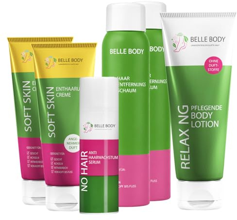 Belle Body Haarentfernung Komplett Set - Für weniger Rasur & glatte Haut | Sanfte Haarentfernung & Pflege in einem Set - Für sichtbar glattere Haut für den ganzen Körper - Inkl. GRATIS Body Lotion