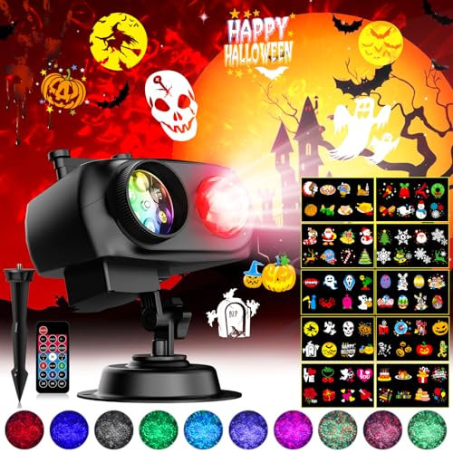 Proiettore Halloween per Finestre Impermeabile, 2 in 1 Halloween Proiettore Natale per Esterni con 10 Fogli 10 Colori Onde del Mare con Telecomando e Timer per Festività, Feste, Decorazioni, Giardino