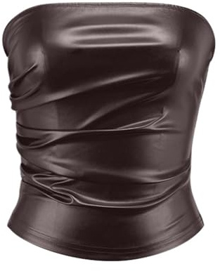 Women's Faux Leather Tube Top Ruffled Strapless Top Club Party Rave Top Going Out Corset Top Neck