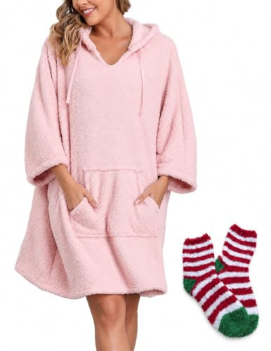 Viakeo Damen Bademantel Tragbare Decken Oversized Badeponcho Fleece Hoodie Sweatshirts Weicher Nachtkleid mit Taschen