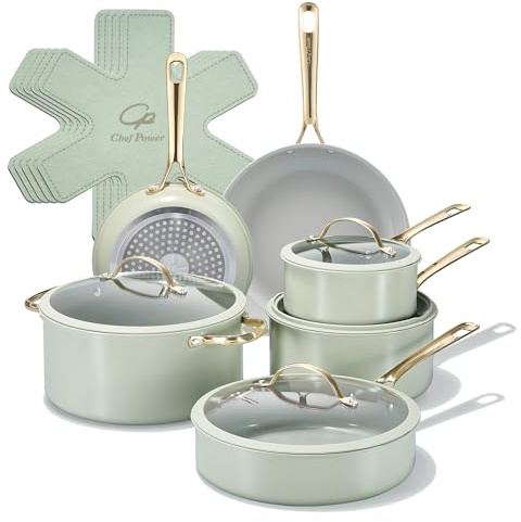 Chef Power Ceramic Cookware Sets, 15Pcs Pots and Pans Set Non Stick, Cookware Set with Stainless Steel Handle, Dishware & Oven Safe, Sage Green and Granite Grey