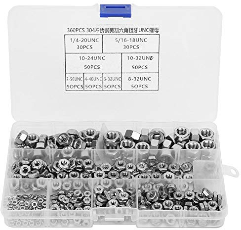 Jeffergarden 360 pz Dadi Esagonali In Acciaio Inox Filettatura Grossa 2-56 4-40 6-32 8-32 10-24 10-32 1/4-20 5/16-18 UNC Dadi con Scatola di Immagazzinaggio