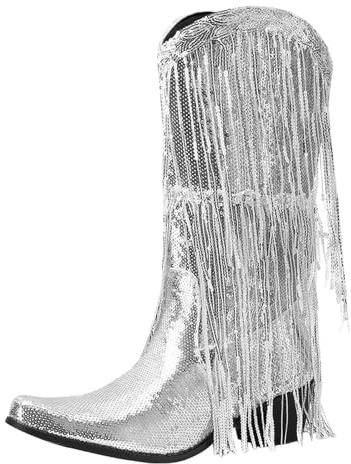 Generisch Stivali da donna con polpaccio medio, motivo alla moda, decorazione paillettes, stivali a nappa, tacchi spessi, scarpe slip-on, argento, 41 EU