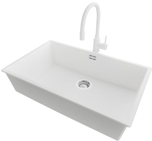 PRIMAGRAN Granitspüle Weiß 76x47cm, Spülbecken 1 Becken + Küchenarmatur 38x14cm + Ablauf-Set, Küchenspüle ab 80er Unterschrank - London Slim