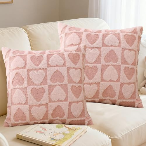 Kissenbezug Herz 45x45 cm 2er Set, Herz Deko Plüsch Kissenbezüge 45x45 Zimmer Deko Aesthetic Liebe Kissenhülle Romantische Modern Zierkissenbezüge für Schlafzimmer Wohnzimmer Deko (Rosa B, 45x45 cm)