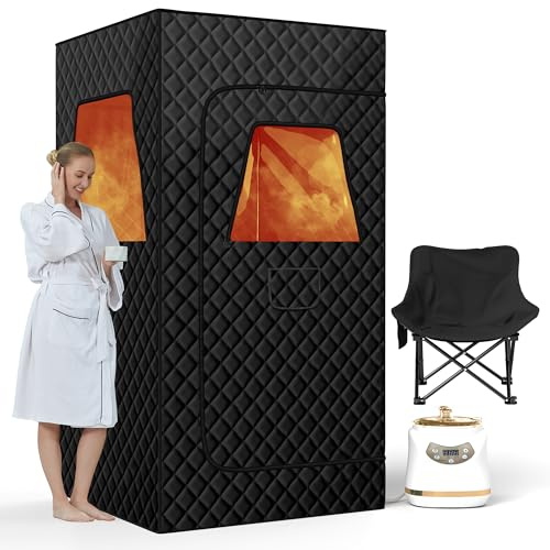 Resitsland Sauna Portable, spacieux et Portable pour la Maison, boîte de Tente de Sauna avec cuiseur Vapeur de 3 l, 90 x 90 x 180 cm, télécommande, Chaise Pliante, 9 Niveaux Nior