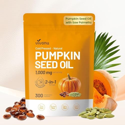 VivoNu Aceite de Semilla de Calabaza - Saw Palmetto & Pumpkin Seed oil - 1000 mg - apoya el crecimiento del cabello, apoya la salud de la próstata - 300 unidades - Libre de Soja, Sin Gluten y Sin OMG