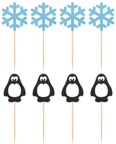 HOMSFOU 24 Stück Pinguin Schneeflocke Tortenstecker aus Kunststoff Glitzernde Cupcake Topper für Geburtstags und Weihnachtsdeko Party Zubehör für Kuchen Desserts