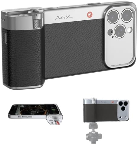 PGYTECH Kit Impugnatura RetroVa per iPhone 16 Pro Max, con Custodia Vintage, Impugnatura Bluetooth per Smartphone, Slot MicroSD, Filettatura 1/4-20, Controlli Fisici e Integrazione App
