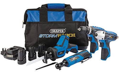Draper *10.8V4+3 Storm Force Interchange Ultimate Deal Drill Plus 3 Batteries and Bag, 10.8 V, Blue, 4-Piece