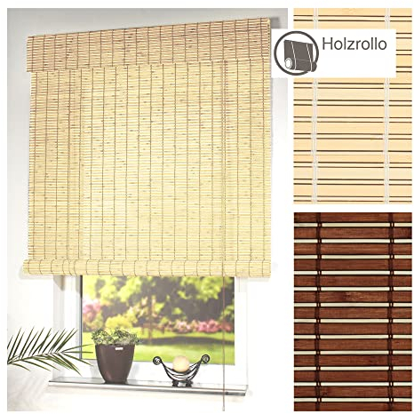 Liedeco Rollo Holz mit Seitenzug, Holzrollo für Fenster und Tür Natur B 140 cm x L 170 cm