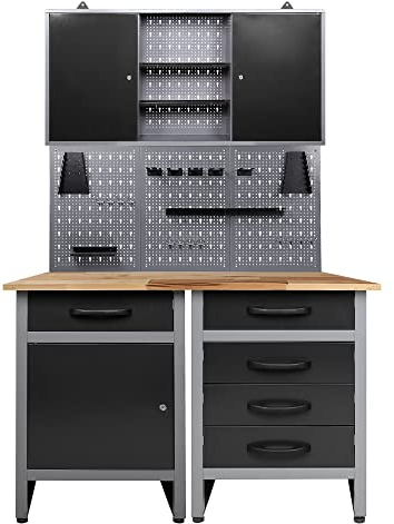 Ondis24 Werkstatteinrichtung 4 teilig Werkstatt 2 x Werkbank, Werzeugschrank und Euro - Lochwand mit 22 Haken