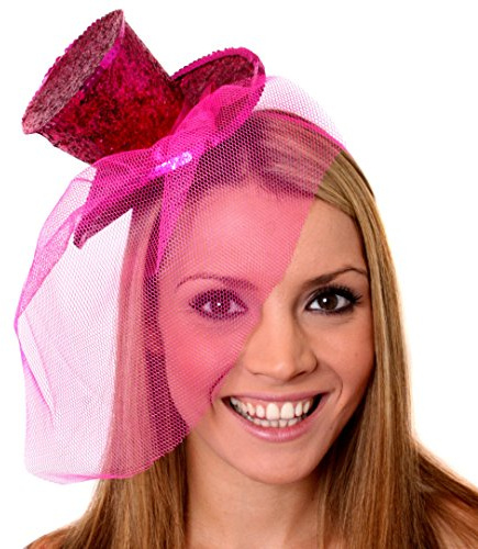 I LOVE FANCY DRESS MINI Glitter Zylinder Hut =MIT Netz AN EINEM HAARREIF= ERHALTBAR IN 8 SUPER GLITZERNDEN Farben = ZUBEHÖR Fasching Karneval Party = ROSA