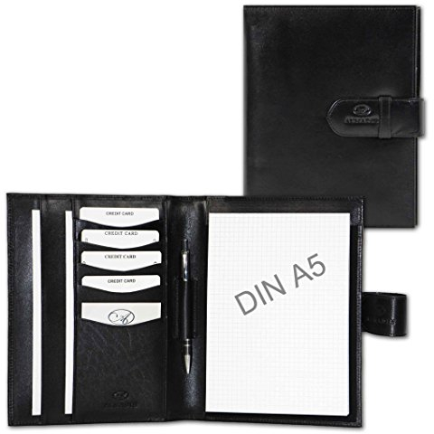 ALMADIH Leder A5 Schreibmappe mit Schreibblock Premium Rindsleder Schwarz Ledermappe Mappe Dokumentenmappe Organizer Konferenzmappe Systemplaner Terminplaner Notizbuch Notizblock (A5 Schreibmappe SCH)