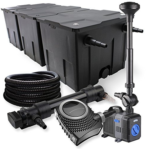 SunSun Komplettset: CBF-350C Teichfilter bis 90000 L Teichfilteranlage, NEO10000 Teichpumpe 10000l/h 80W, CUV-636 Teichklärer 36W, 25m Teichschlauch 25 mm, CTP-5003 Springbrunnen 5000l/h 30W