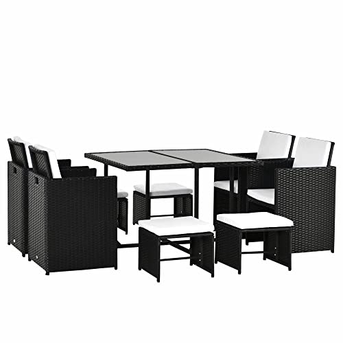 Outsunny 9 TLG. Polyrattan Gartenmöbel Rattan Gartenset Sitzgruppe Garnitur Essgruppe inkl. Kissen Schwarz 109 x 109 x 72 cm
