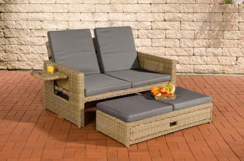 CLP Polyrattan 2er-Loungesofa Ancona 5mm I Rundrattan Garten-Sofa Mit Ausziehbarem Fußteil Und Verstellbarer Rückenlehne I, Farbe:Natur, Polsterfarbe:Eisengrau