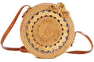 Ulisty Hohl-geschnitztes Design Rund Rattan Tasche Kreis Strohbeutel Handgefertigte Tasche Weben Korb Handgewebte Tasche Sommer-Strandtasche Schultertasche Umhängetasche für Damen/Frauen Blau Futter