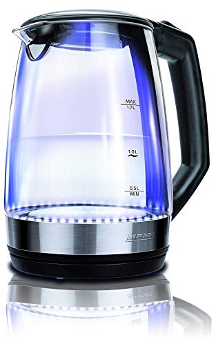 MPM MCZ-83 1,7-Liter-Glaswasserkocher, BPA-freier Behälter, verdeckter Widerstand, 2200 W mit automatischer Abschaltung beim Kochen, schnurlos 360°, schwarz