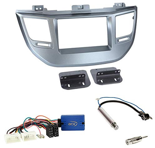 Einbauset: Autoradio Doppel-DIN 2-DIN Radioblende Radio Blende Halterung Silber + JVC Lenkrad Adapter + Antennenadapter für Hyundai Tucson TL ab 07/2015