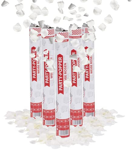 Party Factory – Konfettikanone Weiße Rosen Party Popper 5er Set – Partygadgets Konfetti Kanone 40cm mit Schnipseln für Hochzeit, Valentinstag oder Jahrestag – Bis 8m Flughöhe, für Innen & Außen