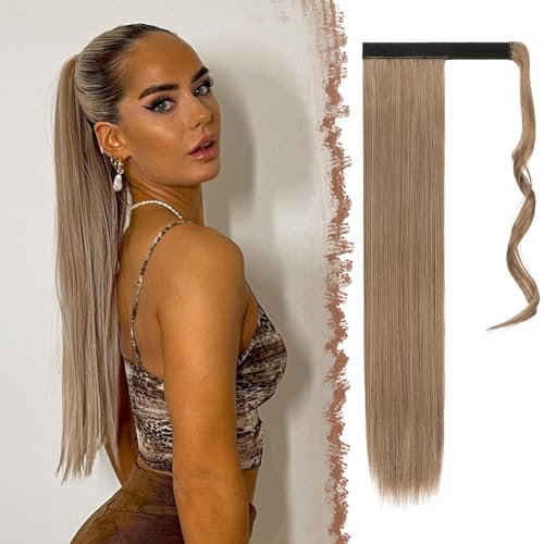 FESHFEN Lang Glattes Pferdeschwanz Haarteil Synthetik Haarverlängerung Zopf Haar Extension für Damen Mädchen, Hellbraun & Naturblond 70 cm