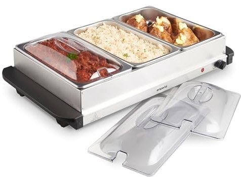 Emperial 3 Tray Food Warmer Buffet Server – 3 x 2.5L Large Pans Keep Food & Plates Hot for Longer – More Compact Than A Hostess Trolley – 300W Electric Adjustable Temperature Control