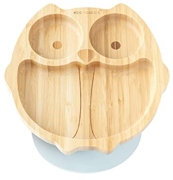 eco rascals Bamboo Baby & Toddler Owl Suction Plate - Natural Weaning Large Owl Plate from 6 Months, Beautiful & Organic, Spill Proof Plate with Strong Suction Ring for Feeding Babies (Grey)