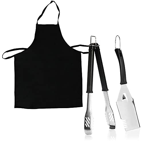 COM-FOUR® 3-teiliges BBQ-Grillset mit Grillschürze, Grillzange und Wender - Grillbesteck aus rostfreiem Edelstahl und Kochschürze in schwarz (BBQ-Set 3-teilig)