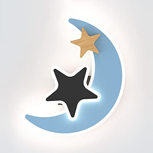 QJUZO Moderne Kinder Wandleuchte, LED 17W Trikolore Dimmbar Kinderzimmer Wandlampe Sterne Mond Design Acryl Wandbeleuchtung Junge Mädchen Raumlampe Schlafzimmer Nachttischlampe, Blau