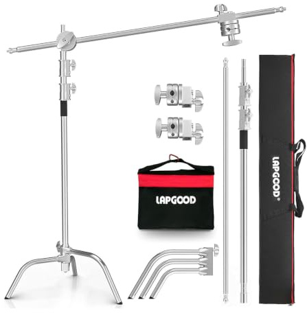 Lapgood Stainless Steel Heavy Duty 10.8ft C Stand with Boom Arm Holding Arm | Max 10.8ft Professional Stand, 4.2ft Extension Arm, 2 Grip Head, Sandbag, Storage Bag, Ideal for Photography Lighting