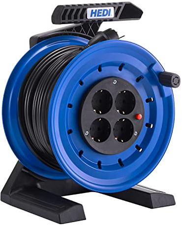 HEDI Vollkunststoff-Kabeltrommel Generation 7 Coworker (Kabeltrommel-ø 250 mm, 50 m PVC-Leitung H05VV-F 3G1,5 in schwarz, 4-fach Schutzkontakt-Steckdose 250 V mit Thermoschutzschalter) K7B50PT