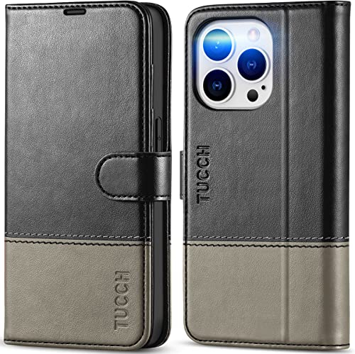 TUCCH Case für iPhone 14 Pro 5G Hülle [Magnet] ische Handyhülle TPU [Ständer][Kartenfach] Flip Case, [RFID Blocker] Schutzhülle kompatibel mit iPhone 14 Pro 2022 (6,1 Zoll) Schwarz-Grau