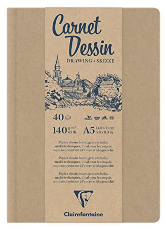 Clairefontaine 975963C - Skizzenbuch mit Fadenbindung DIN A5 14,8x21cm, mit festem Einband, weißes Papier, extrafeine Körnung, 140g, 40 Blatt, 1 Stück