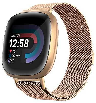 PaceBid Bracelet Compatible avec Fitbit Sense 2/Fitbit Versa 4, Métal Acier Inoxydable Tissé en Maille Ajustable Magnétique Bracelet de Montre Femmes Hommes pour Fitbit Sense 2/Fitbit Versa 4 -Or rose