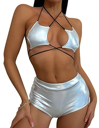Damen Rave Outfit Bikini Set Badeanzug Holografische Stern BH Oberteil Slip Leder Wetlook Shorts Hot Pants für Festival Disco Tanz Clubwear Halloween Motto Party Fasching Kostüm 1Silber Stern S